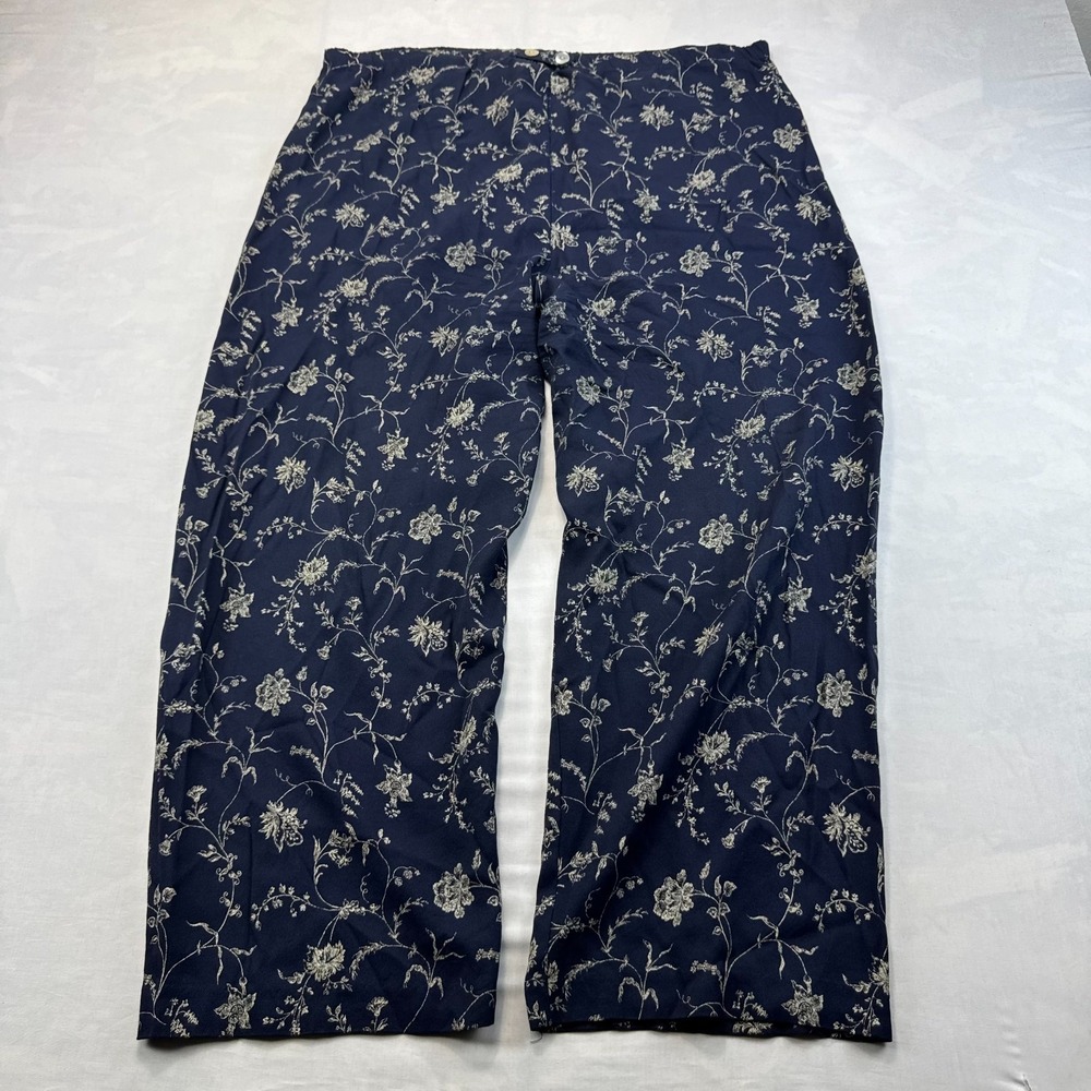 Vintage Blue Pants Womens Large Blue Gray Floral Stretch Relaxed Fit Wide Leg